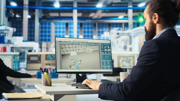 Hombre en una fábrica de fotovoltaica monitoreando el rendimiento del sistema en la pantalla de la PC
