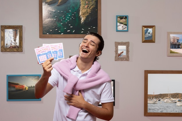 Hombre feliz con boletos de lotería tiro medio