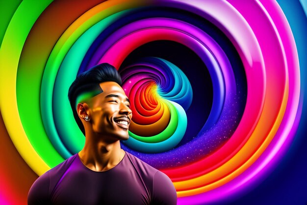 Un hombre con un fondo de color del arco iris.