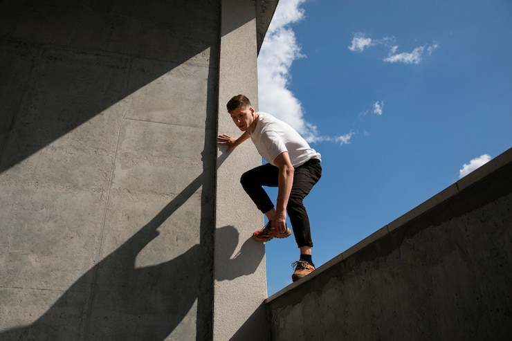 Foto gratuito hombre en forma de tiro completo haciendo entrenamiento de parkour