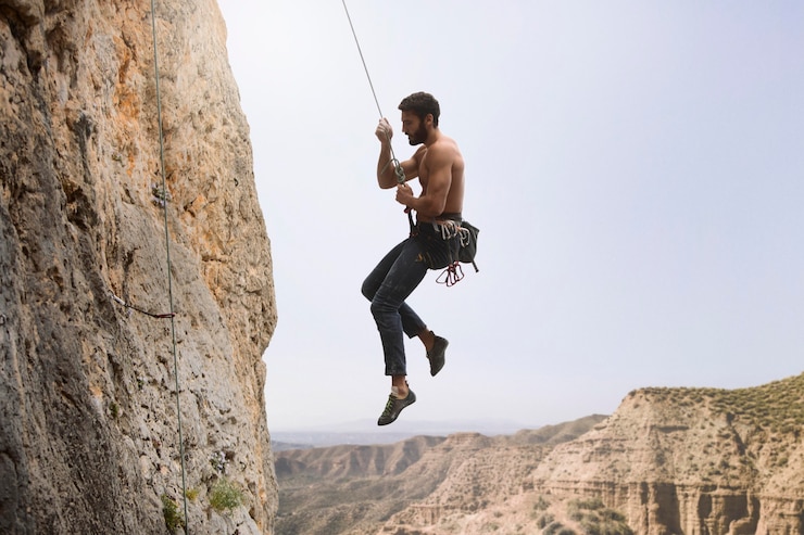 Foto gratuito hombre fuerte escalada en una montaña