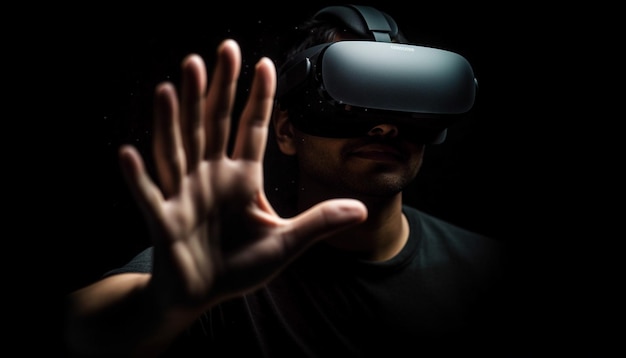 Hombre futurista juega un juego de realidad virtual en la noche generado por IA