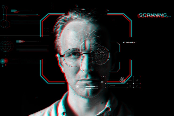 Foto gratuito hombre con gafas inteligentes detrás de la tecnología de escaneo virtual en efecto de falla