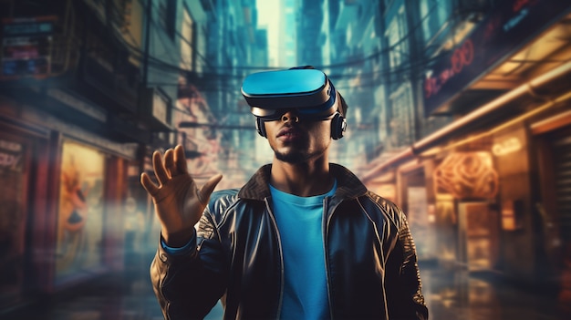 Hombre con gafas vr en ciudad futurista