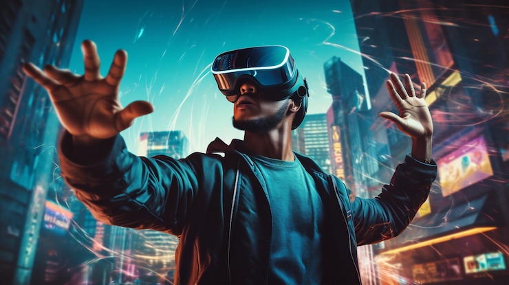 Foto gratuito hombre con gafas vr en ciudad futurista