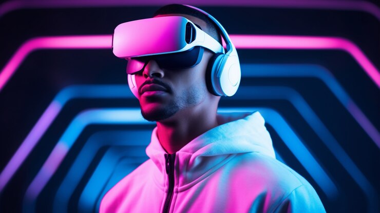 Foto gratuito hombre con gafas vr experimentando metaverso
