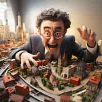 Foto gratuita hombre gracioso con una gran ciudad en sus manos renderización 3d