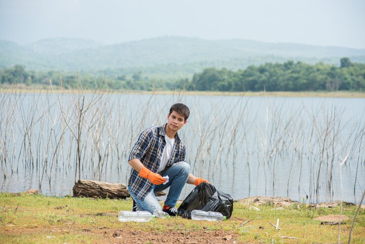Foto gratuito un hombre con guantes naranjas recogiendo basura en una bolsa negra.