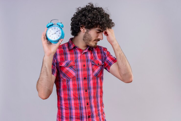 Foto gratuito un hombre guapo confundido con el pelo rizado en camisa a cuadros manteniendo la mano en la cabeza sosteniendo el despertador azul