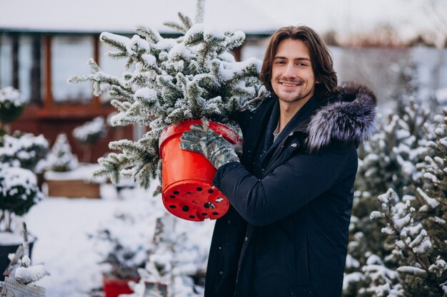 Hombre guapo eligiendo un árbol de navidad