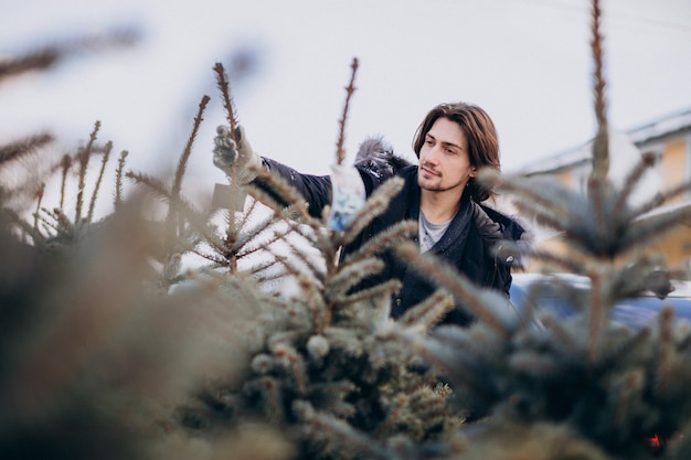 Hombre guapo eligiendo un árbol de navidad