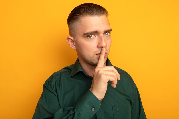 Hombre guapo joven en camisa verde con rostro serio haciendo gesto de silencio con el dedo en los labios