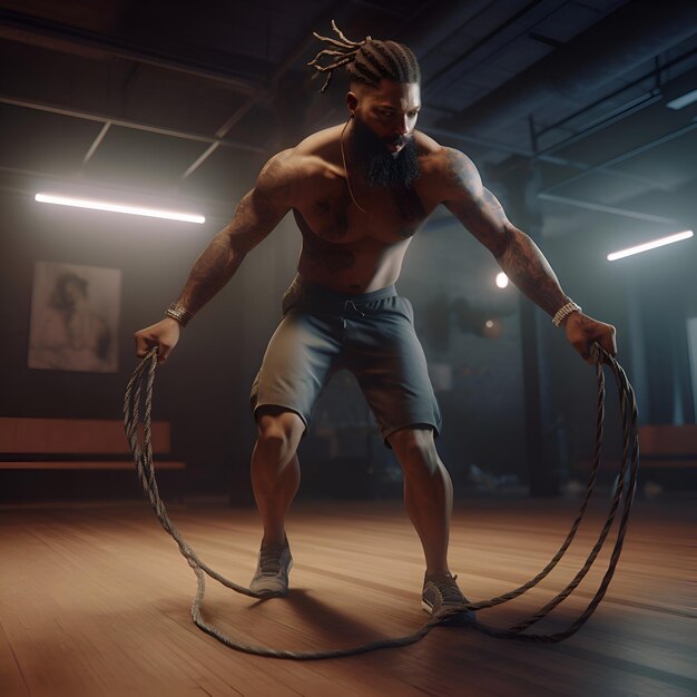 Hombre guapo y musculoso haciendo ejercicios con cuerdas de batalla en el gimnasio