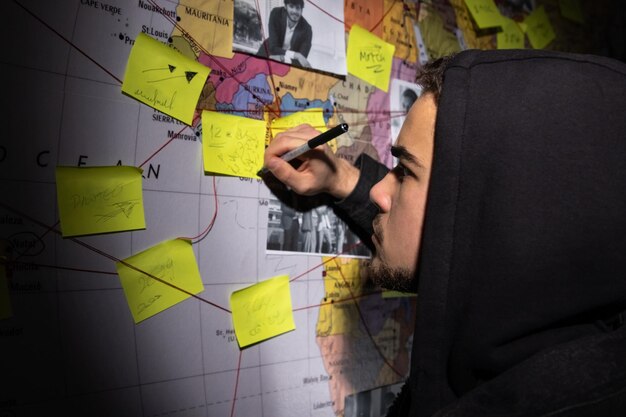 Un hombre guapo planeando un ataque de hackers en una habitación oscura. Hombre escribiendo en la pared con pegatinas, fotografías e hilos rojos. Planificación, conspiración, concepto de piratería.