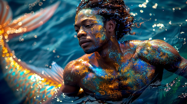 Hombre guapo sirena en el mundo de la fantasía