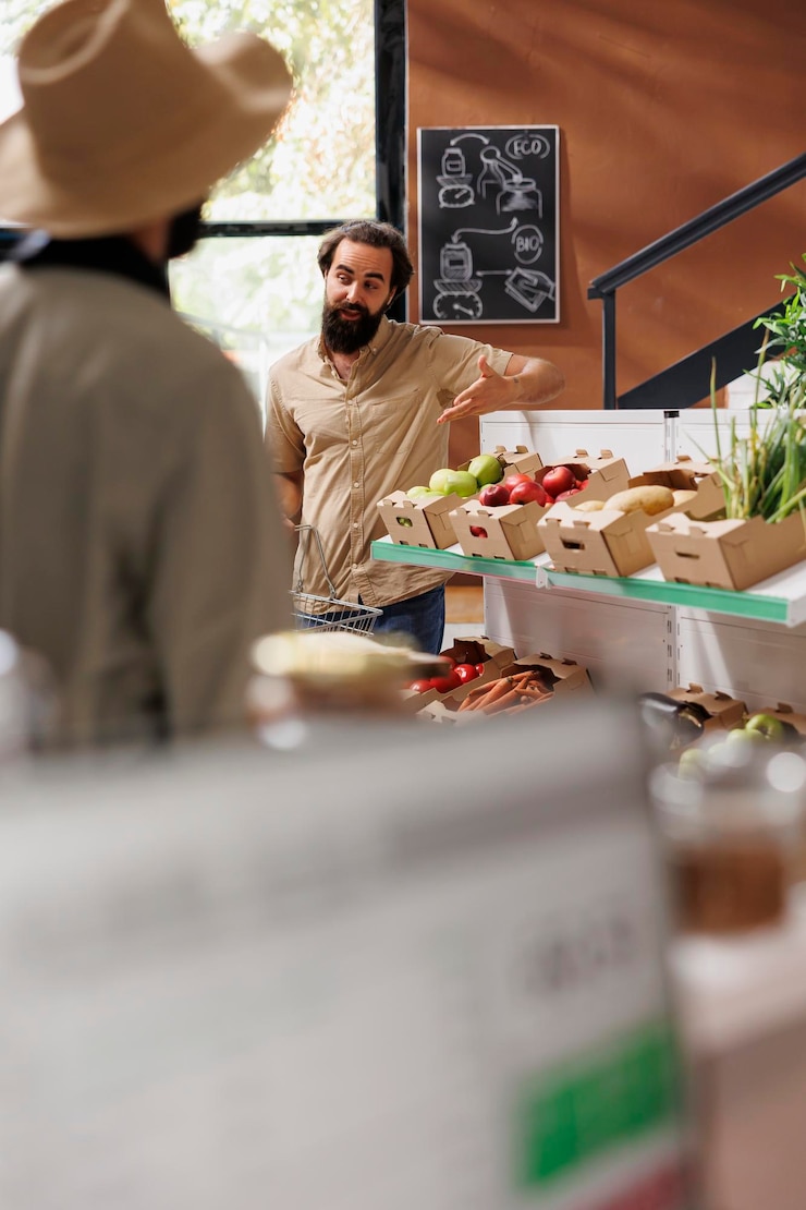 Foto gratuito hombre hace gestos curiosos en la tienda de comestibles