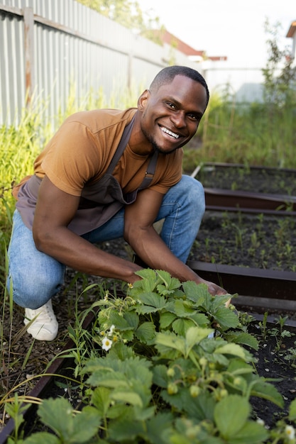 Foto gratuita hombre haciendo agricultura de interior