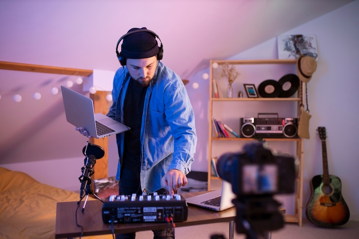 Foto gratuito hombre haciendo música en la vista frontal del dormitorio