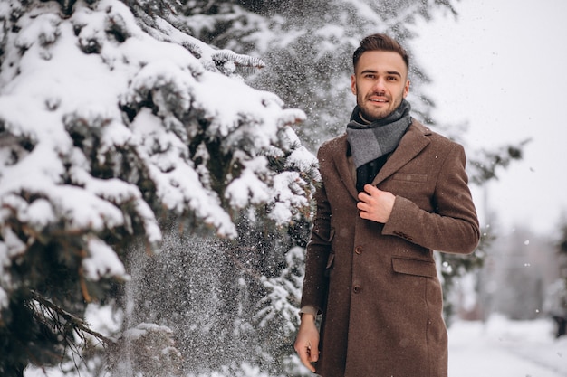 Hombre hermoso joven que camina en un bosque del invierno