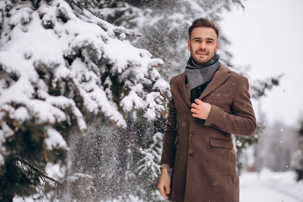 Hombre hermoso joven que camina en un bosque del invierno