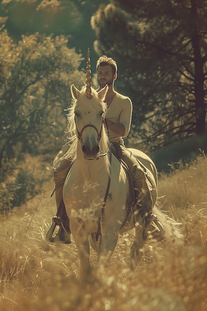 Foto gratuita hombre en un hermoso unicornio en la naturaleza