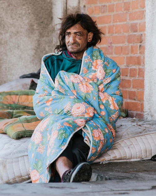 Foto gratuita hombre sin hogar en el colchón al aire libre bajo una manta