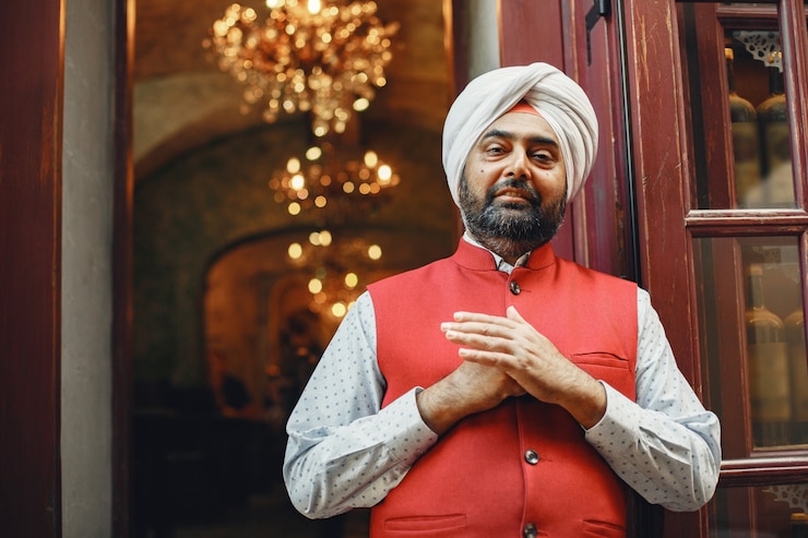 Foto gratuito hombre indio en una ciudad. hombre con un turbante tradicional. hinduista en una ciudad veraniega.