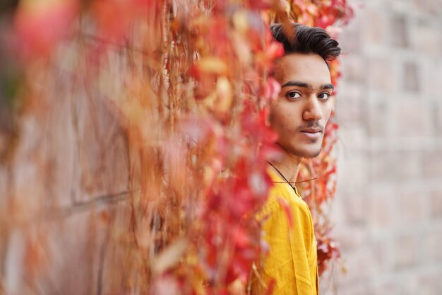 Hombre indio elegante con ropa tradicional amarilla posado al aire libre contra la pared de hojas rojas