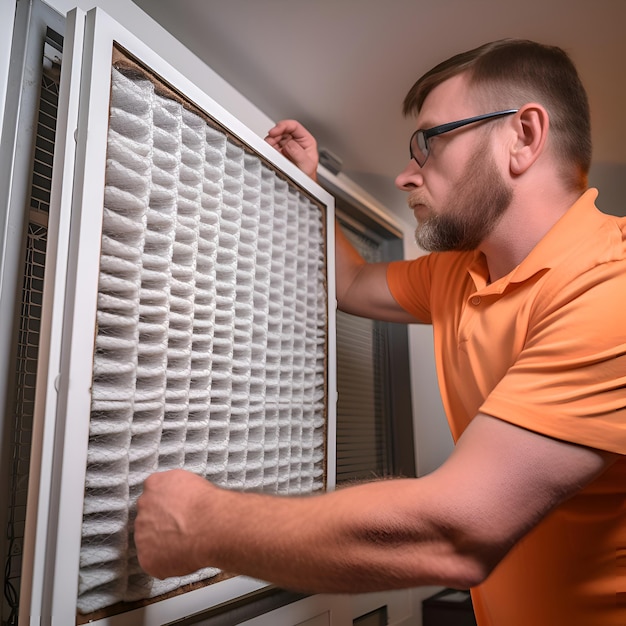 Foto gratuita un hombre instala un aire acondicionado en una habitación