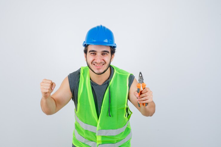 Foto gratuito hombre joven constructor en uniforme de trabajo sosteniendo alicates mientras muestra el gesto de ganador y parece afortunado, vista frontal.
