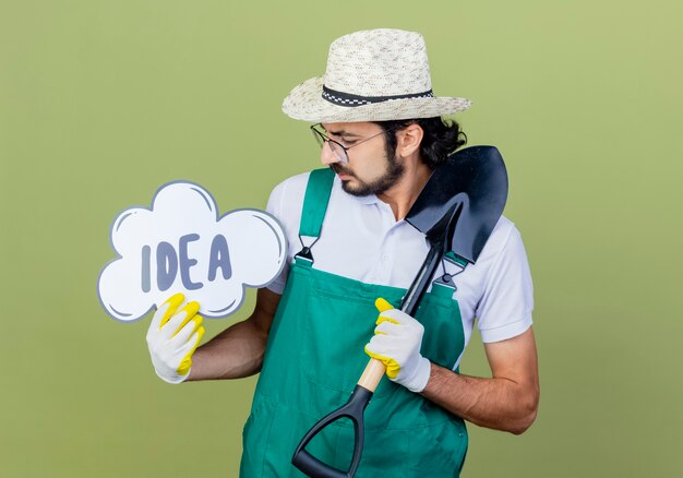 Hombre joven jardinero barbudo vestido con mono y sombrero con pala y letrero de burbujas de discurso con idea de palabra mirándolo desconcertado parado sobre pared verde claro