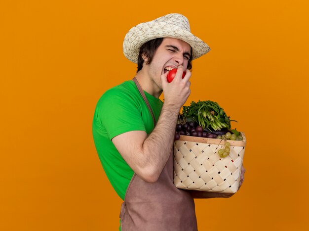 Hombre joven jardinero en delantal y sombrero sosteniendo cajón lleno de verduras mordiendo tomate fresco de pie sobre la pared naranja