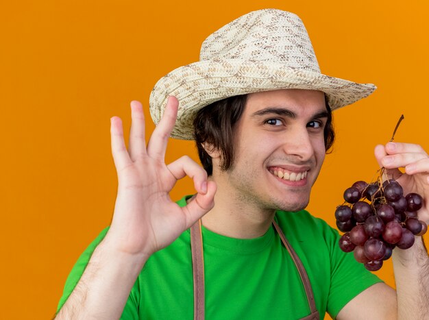 Hombre joven jardinero en delantal y sombrero sosteniendo racimo de uva mostrando signo ok sonriendo alegremente de pie sobre fondo naranja