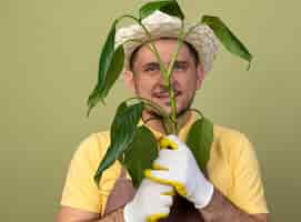 Foto gratuita hombre joven jardinero vestido con mono y sombrero en guantes de trabajo sosteniendo la planta mirando al frente sonriendo con cara feliz de pie sobre la pared de luz