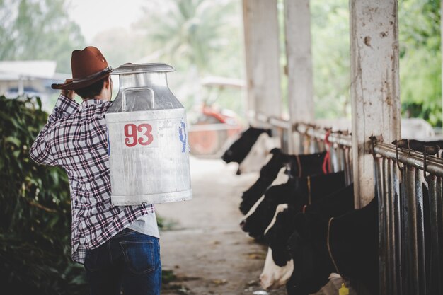 Hombre joven o agricultor con un balde caminando por el establo y las vacas en una granja lechera
