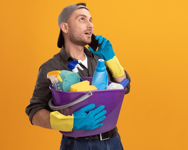 Foto gratuito hombre joven con ropa casual y gorra en guantes de goma sosteniendo un balde con herramientas de limpieza mirando hacia arriba sonriendo confiado mientras habla por teléfono móvil de pie sobre la pared naranja