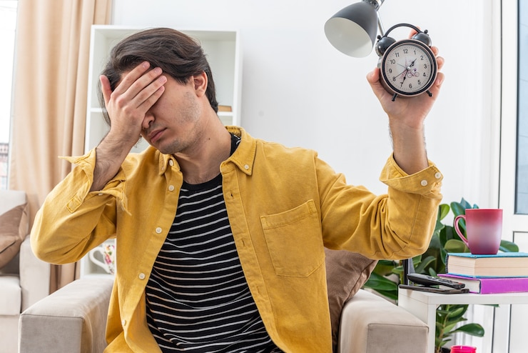 Foto gratuito hombre joven en ropa casual con reloj despertador cubriendo los ojos con la mano con aspecto cansado y aburrido sentado en la silla en la sala de luz