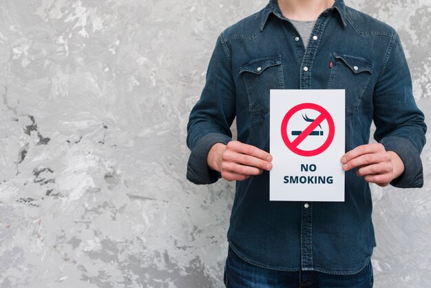 Hombre joven sosteniendo un cartel de texto y cartel de no fumar sobre la pared vieja