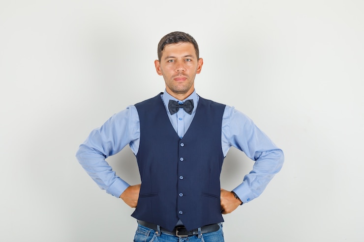 Foto gratuito hombre joven en traje, jeans de pie con las manos en la cintura y mirando confiado