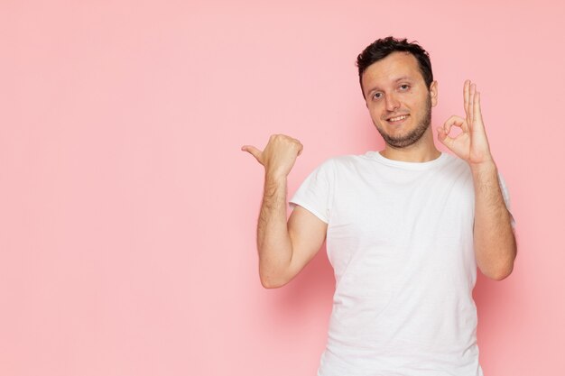 Un hombre joven de vista frontal en camiseta blanca posando sonriendo y mostrando bien el signo