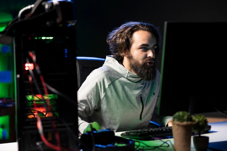 Foto gratuito hombre juega un intenso torneo de videojuegos en línea durante la transmisión