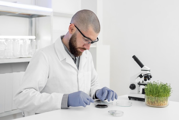 Hombre en laboratorio haciendo experimentos sobre brotes