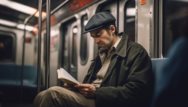 Foto gratuita un hombre leyendo un libro en un tren subterráneo.