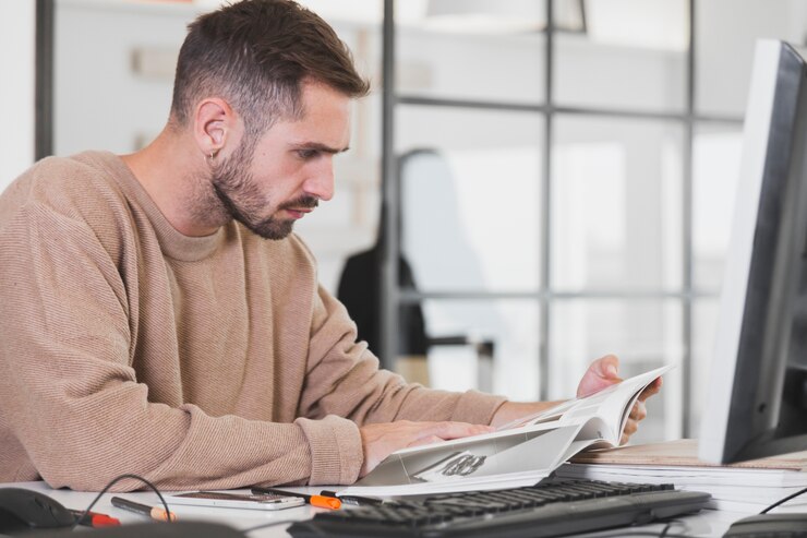 Foto gratuito hombre leyendo una revista en la oficina