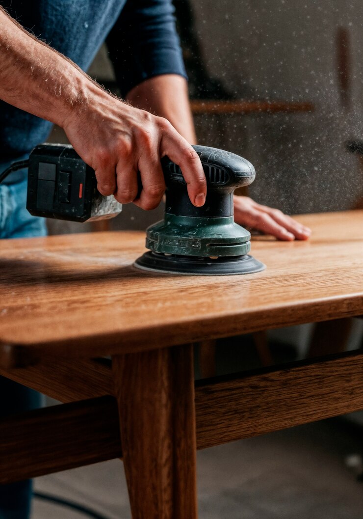 Foto gratuito el hombre lijando una mesa de madera con una lijadora orbital