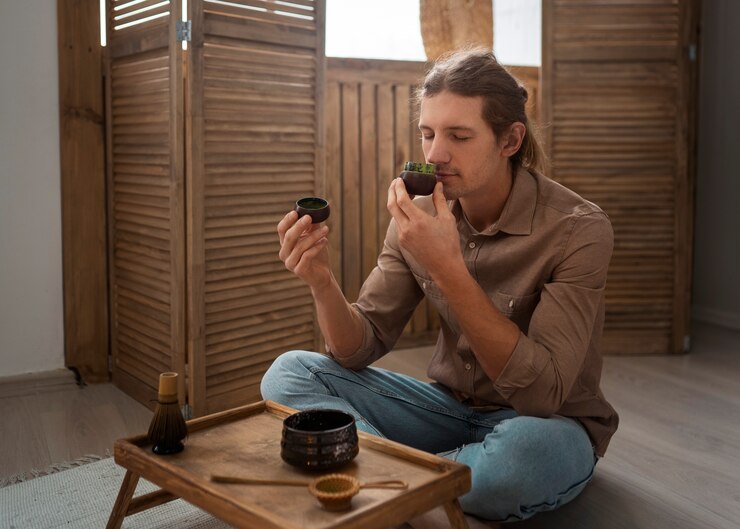 Hombre lleno con té de matcha