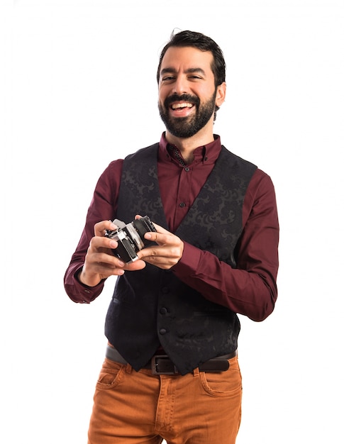 Hombre, llevando, chaleco, fotografía