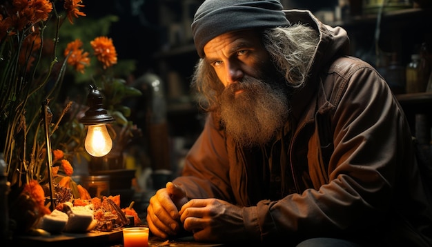 Foto gratuita un hombre maduro con barba sentado en el interior sosteniendo una vela generada por inteligencia artificial