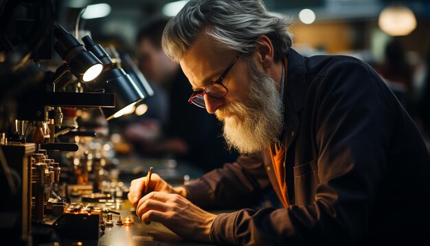 Un hombre maduro experto en elaboración artesanal de café en taller generado por inteligencia artificial