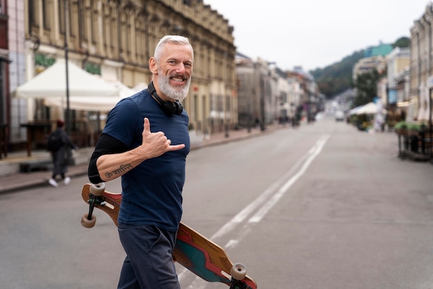 Foto gratuita hombre maduro con patineta de movilidad sostenible